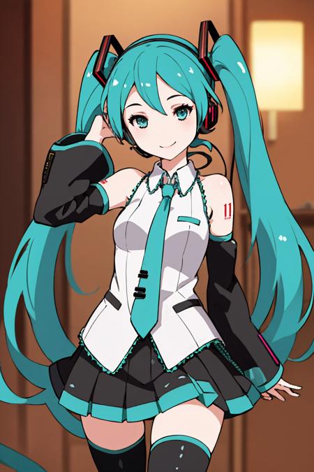 00014-3989490592-(masterpiece, best quality_1.2), , cowboy shot, solo, 1girl, hatsune miku, smile, looking at viewer, twintails, headphones, slee.jpg